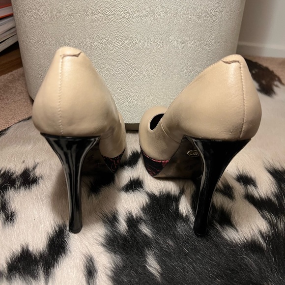 Betsey Johnson Taupe stacked leather and lace heels - Picture 10 of 10